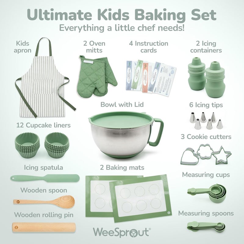 WeeSprout Ultimate Baking Kit for Kids - Kids Baking Set with Child Sized Utensils - Includes Apron, Oven Mitts, Silicone Mats & Liners - Perfect Cooking Set for Ages 6-12 - Gift for Children Green - Image 2